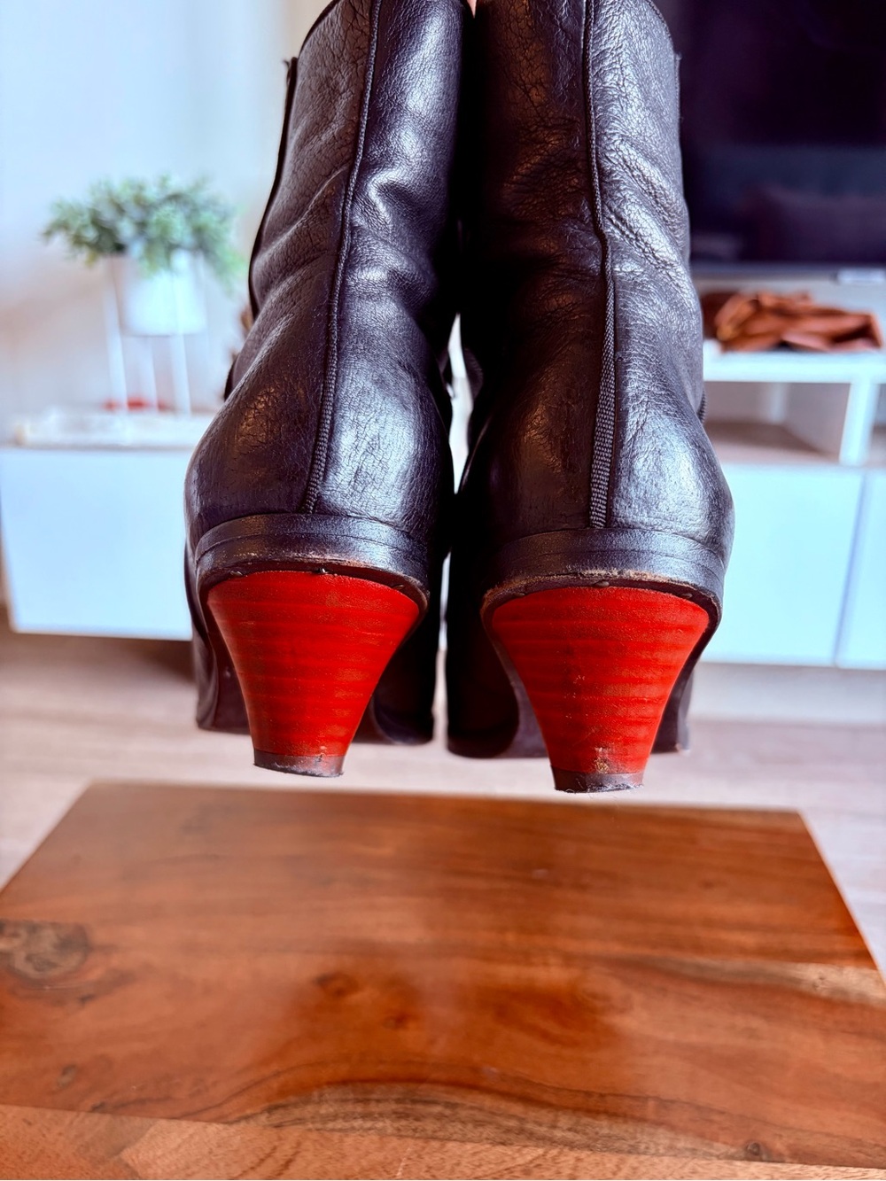 Women Black Leather Ankle Boots with Red Heel